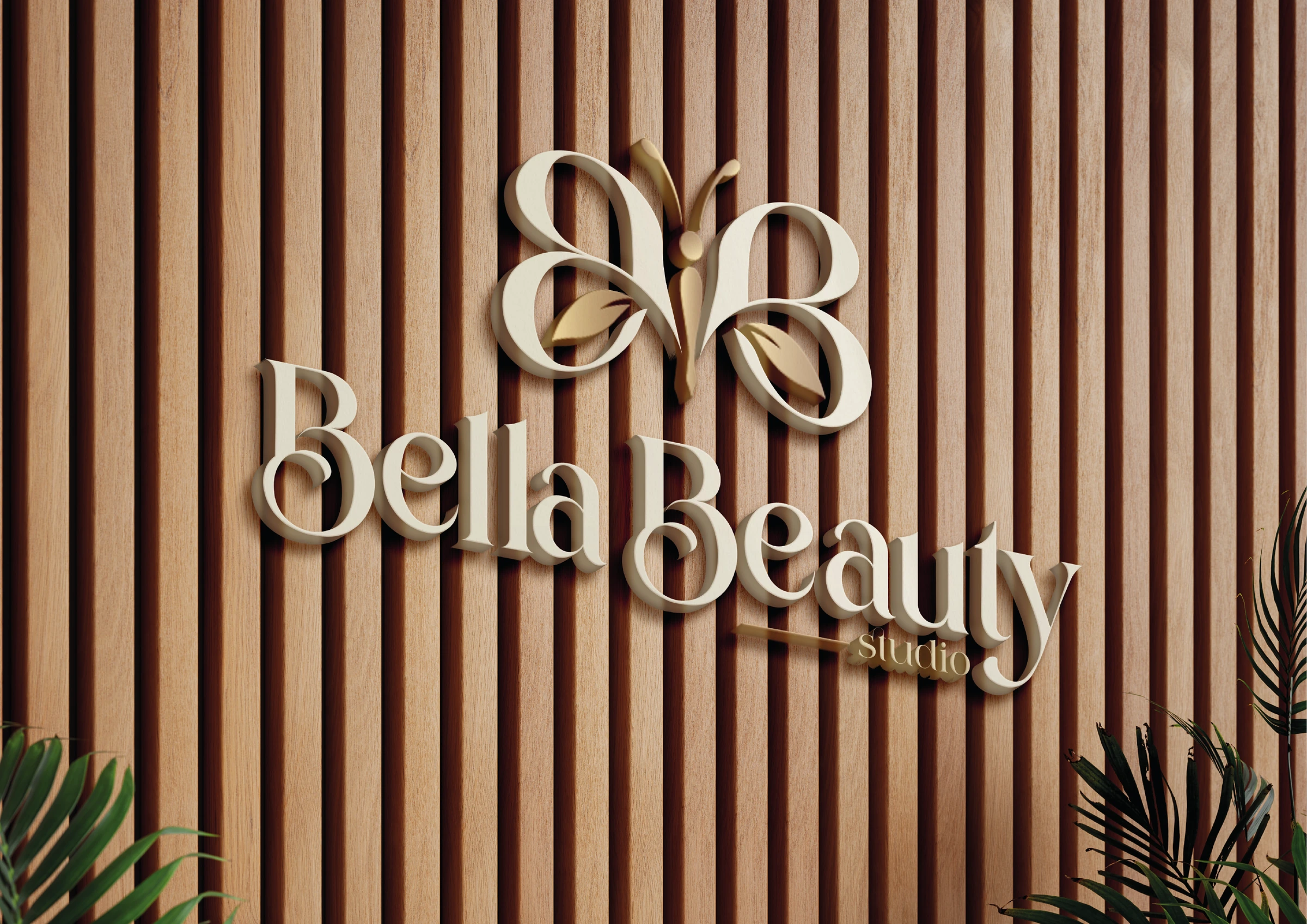 Simulação da marca Bella Beauty Studio aplicada em uma fachada com ripas de madeira.