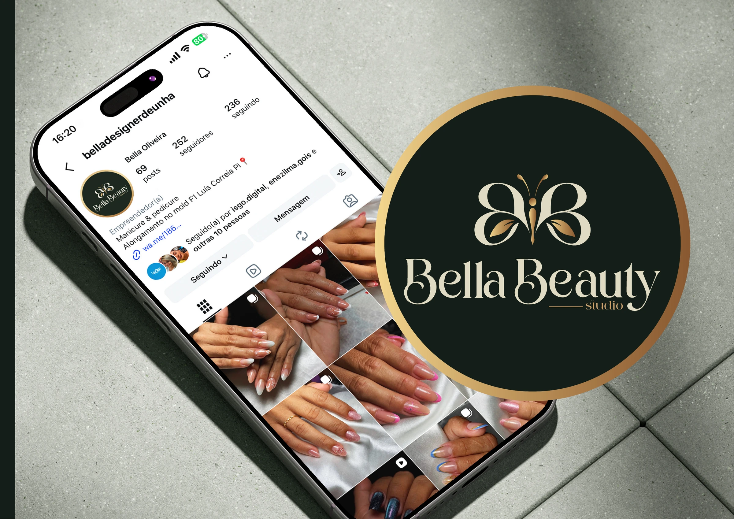 Aplicação da identidade visual no perfil de Instagram da Bella Beauty Studio.