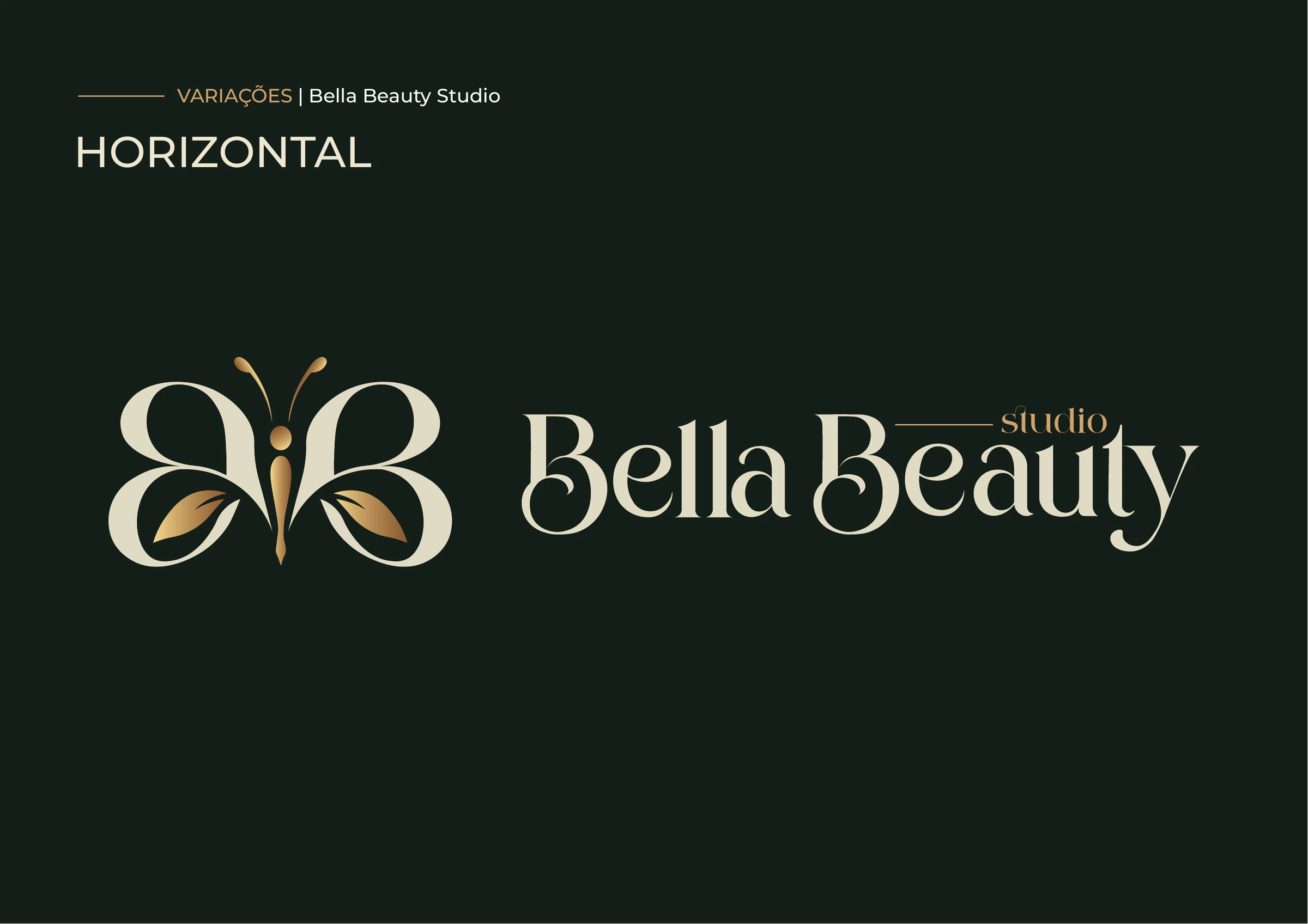 Versão horizontal da assinatura Bella Beauty Studio sobre fundo verde profundo.