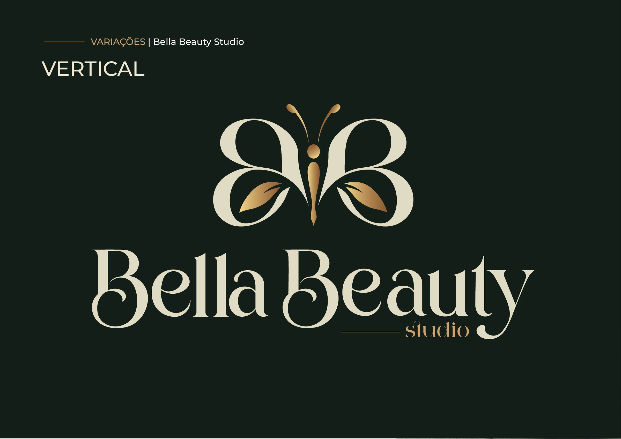 Versão vertical da assinatura Bella Beauty Studio sobre fundo verde profundo.