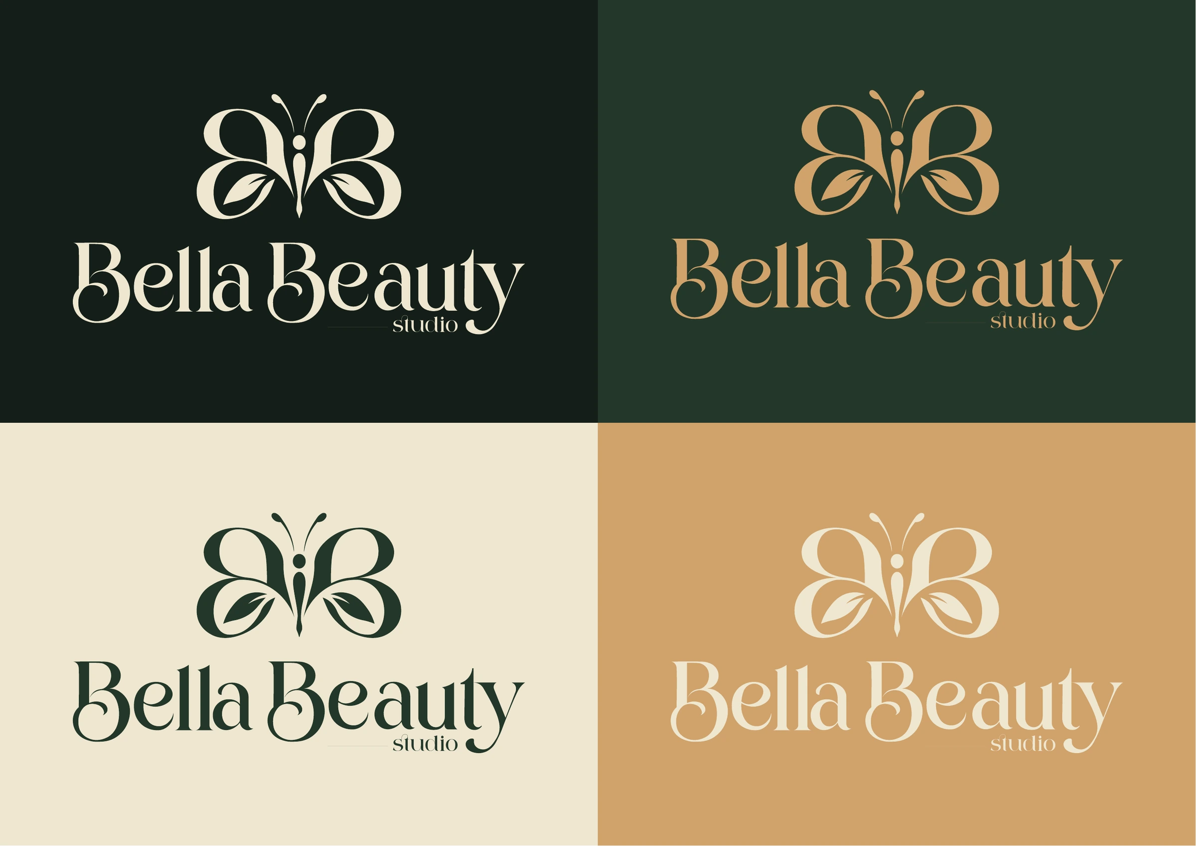 Variações da marca Bella Beauty Studio sobre quatro cores da identidade.