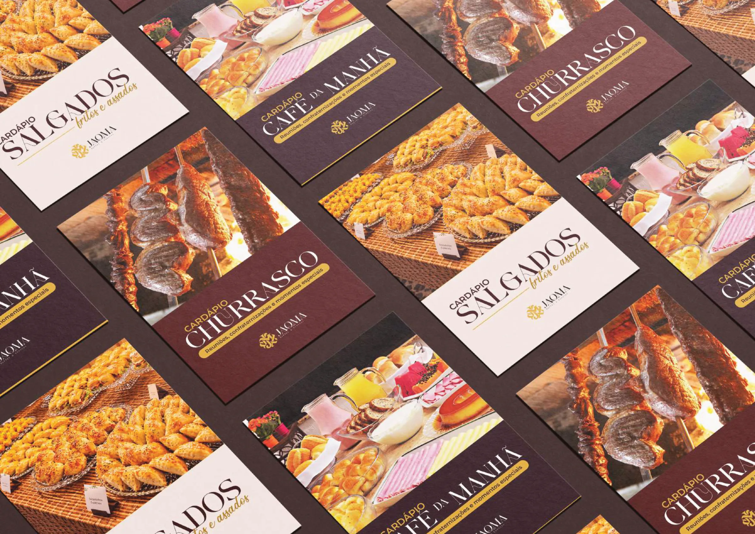 Capas dos cardápios de salgados, churrasco e café da manhã com a identidade da JAQMA.