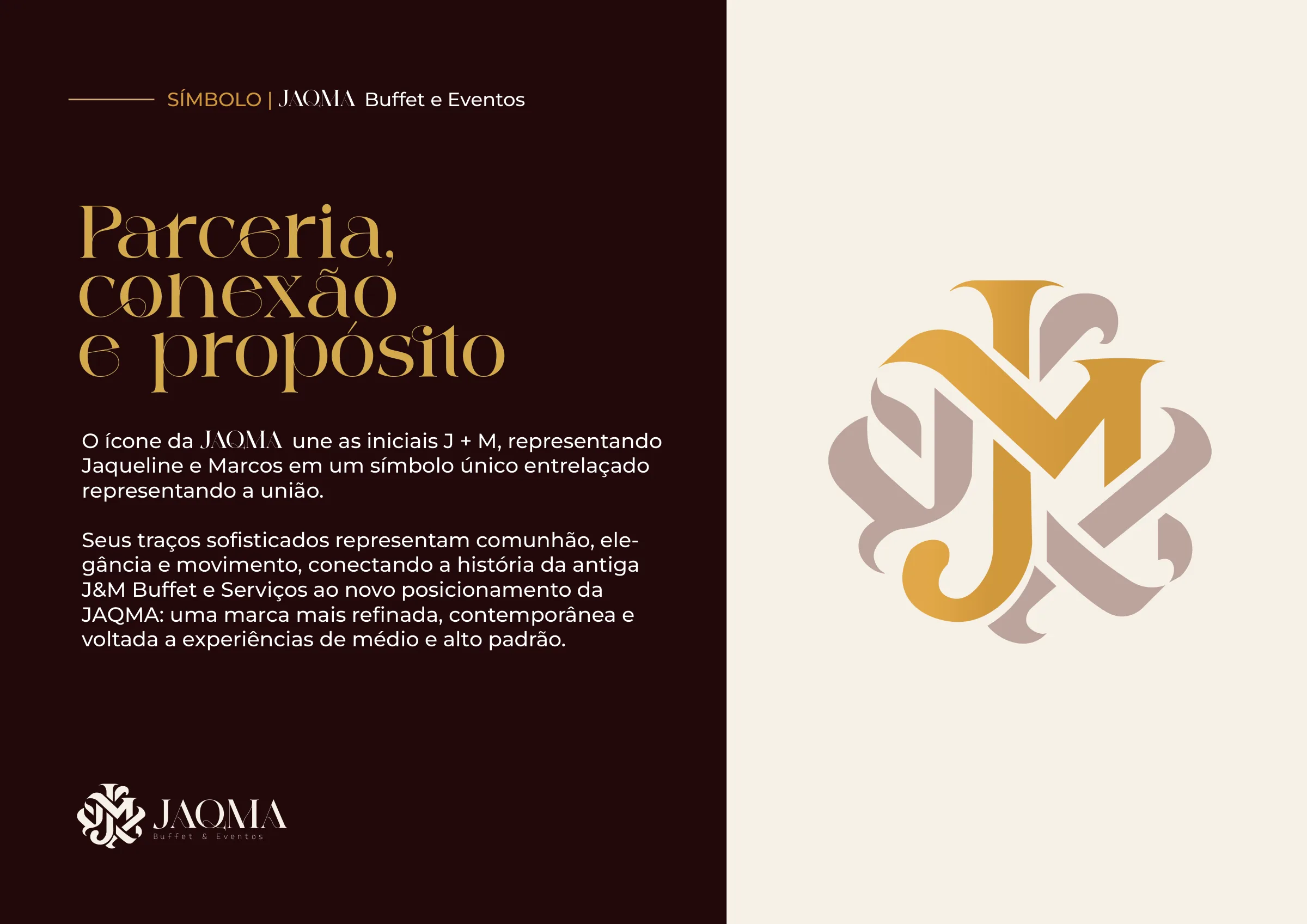 Conceito do símbolo da JAQMA, com as iniciais J e M entrelaçadas em um monograma dourado.