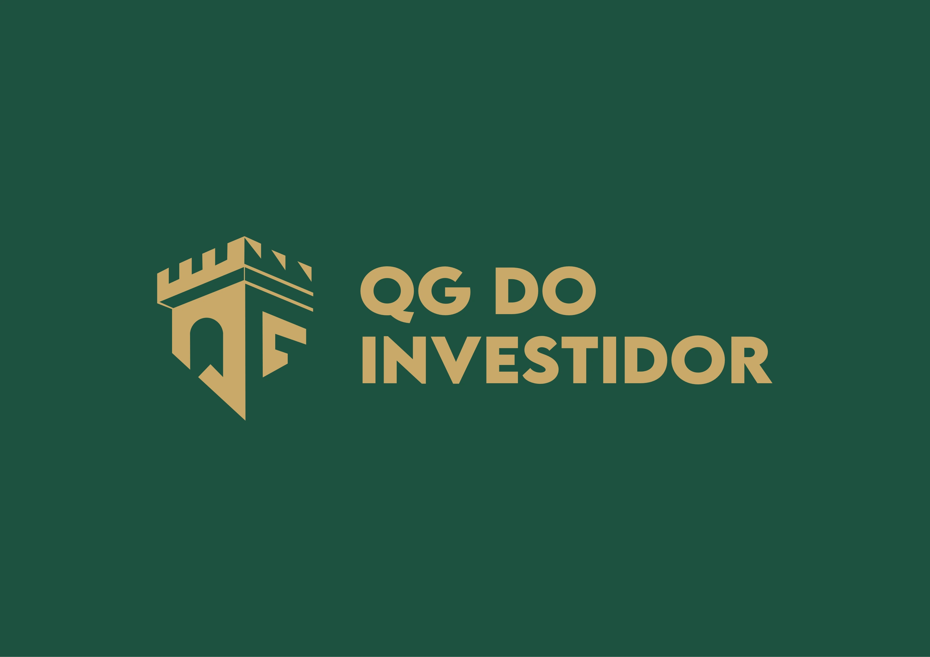 Logomarca em dourado âmbar sobre verde profundo esmeralda