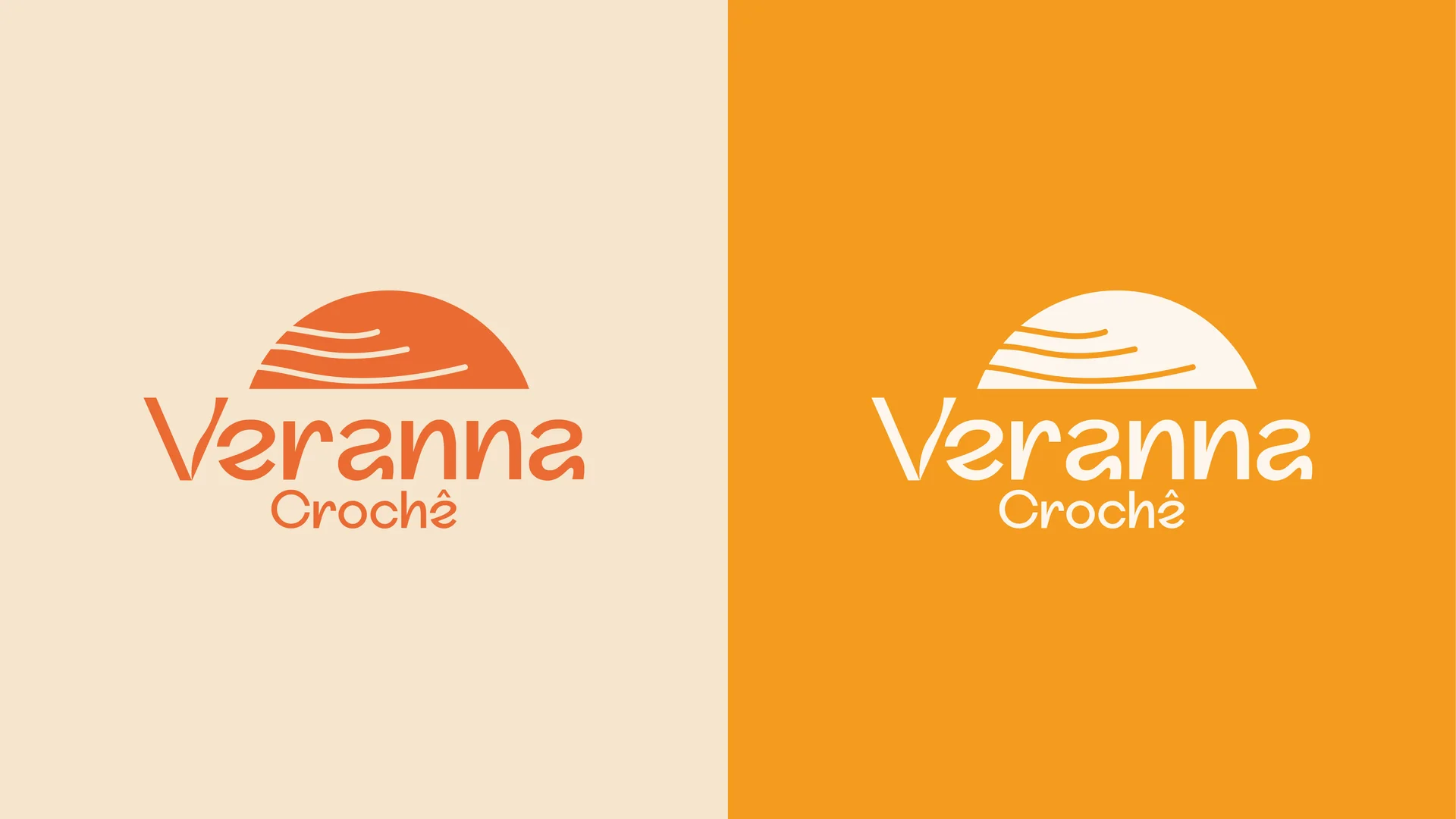 Versões da logomarca Veranna Crochê aplicadas sobre os fundos Areia e Calêndula.