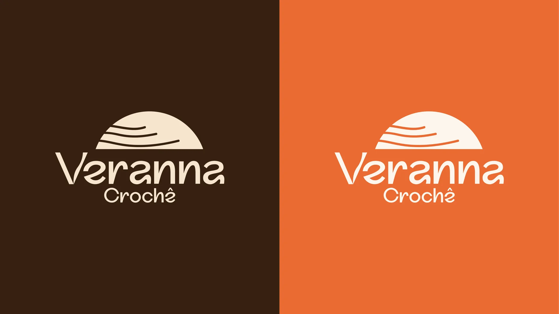 Versões da logomarca Veranna Crochê aplicadas sobre os fundos Terra e Pôr do sol.