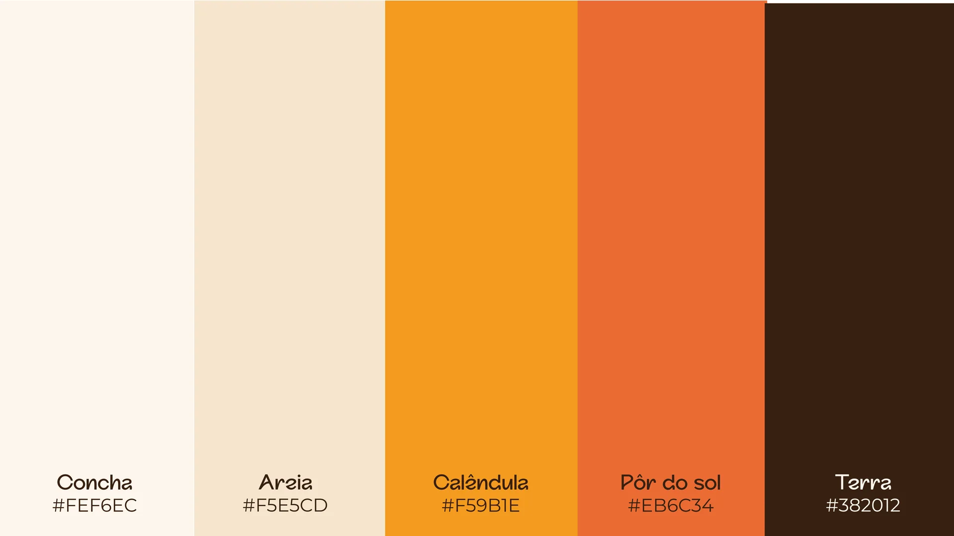 Paleta da marca com cinco cores nomeadas — Concha, Areia, Calêndula, Pôr do sol e Terra — e seus códigos hexadecimais.
